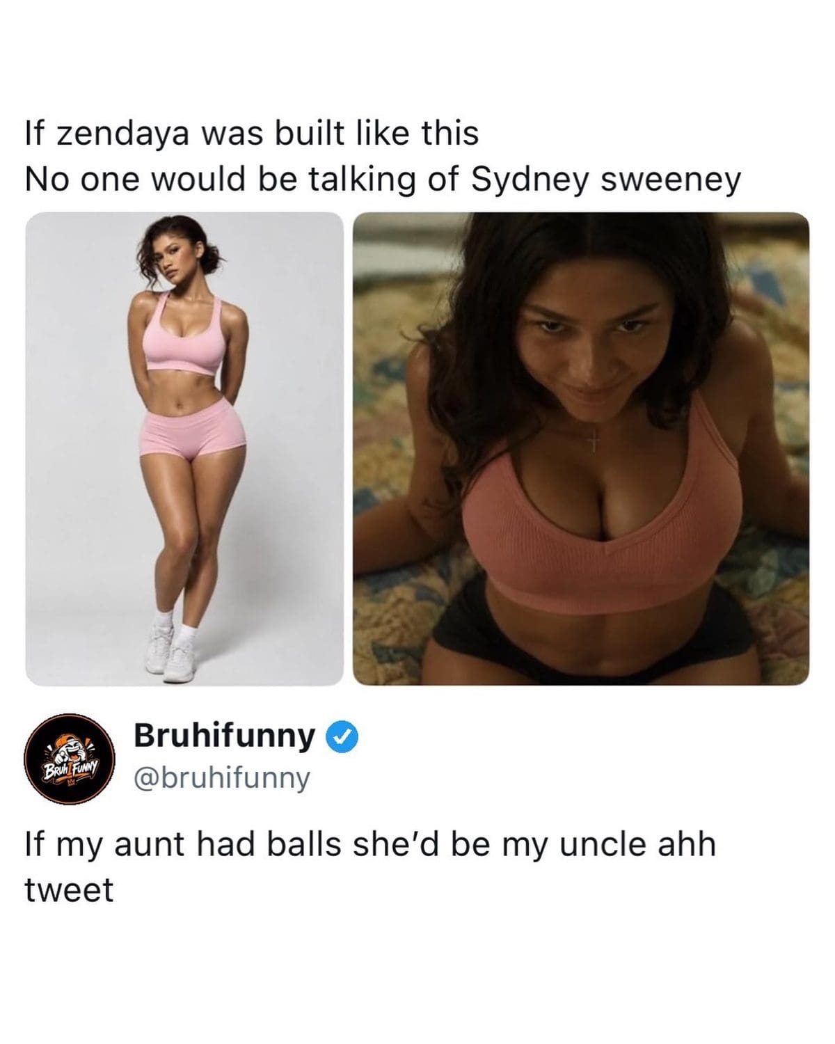 Tweet comparing edited photos of Zendaya and Sydney Sweeney, with a reply mocking the comparison.