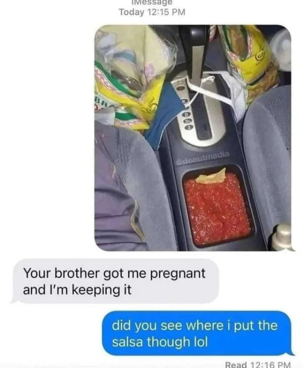 Text about a surprise pregnancy answered with a question about salsa in the cupholder.