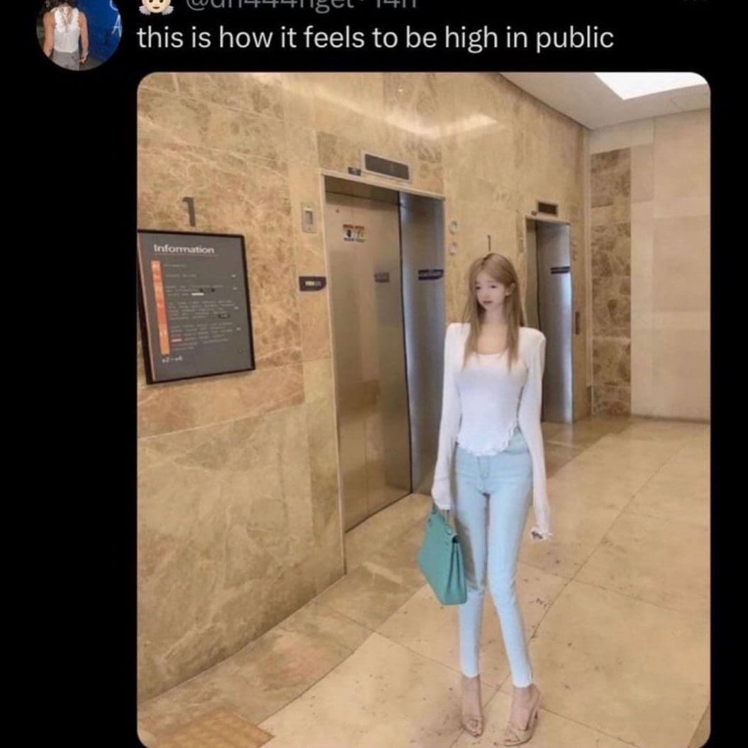 Woman standing very stiffly beside elevator doors, captioned as how being high in public feels.