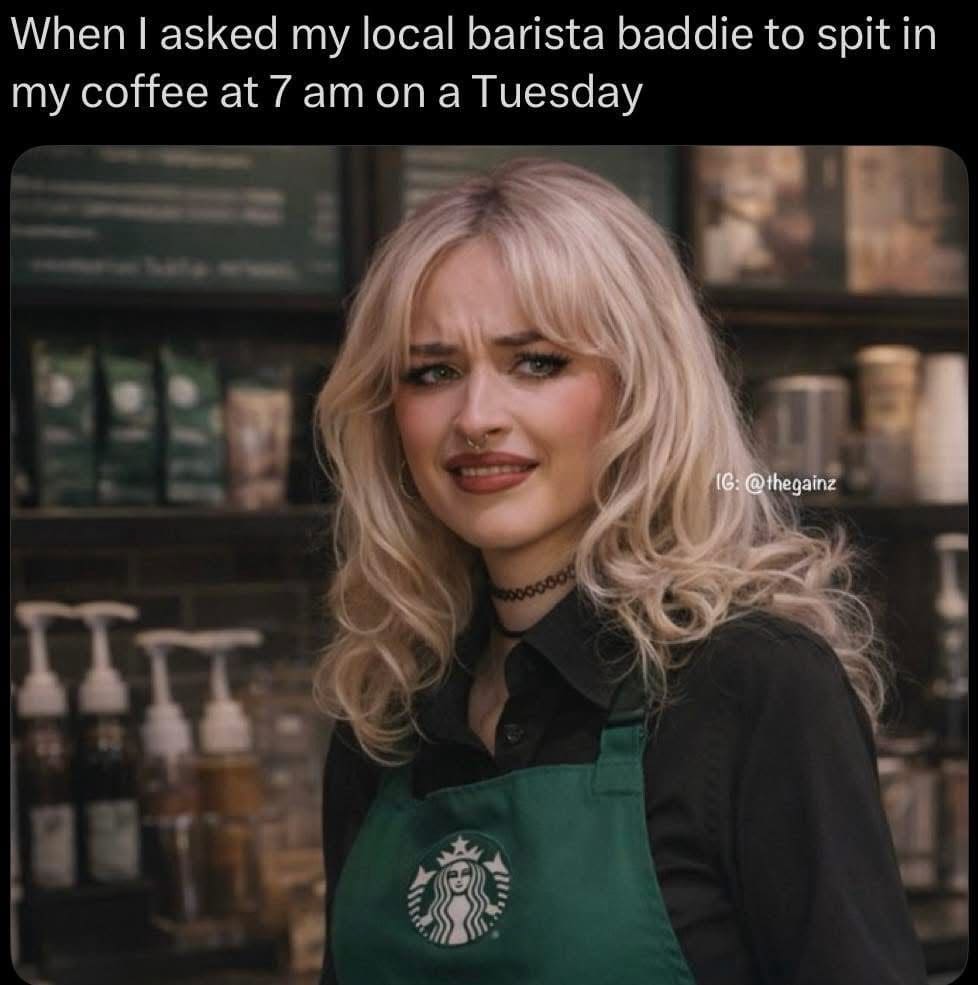 Barista in a green apron making a disgusted face at an early morning coffee request.
