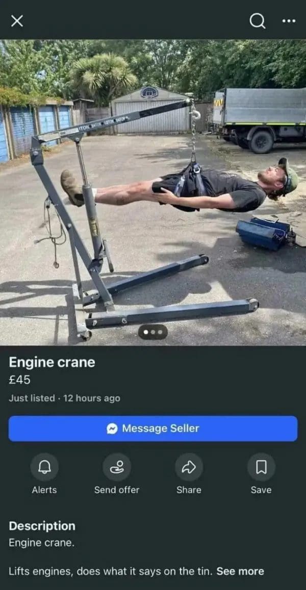 Marketplace listing for a 45 pound engine crane with a grown man hanging from it.