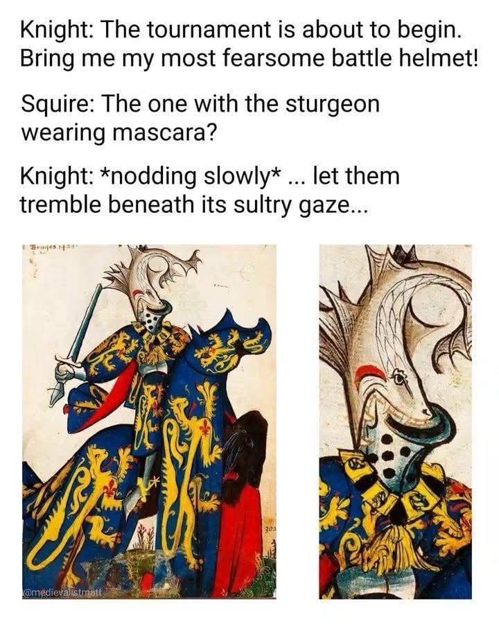 Medieval painting of a knight wearing a fish helmet, paired with a joke about his squire.