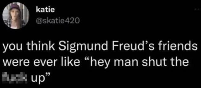 Tweet wondering if Sigmund Freud's friends ever told him to shut up.