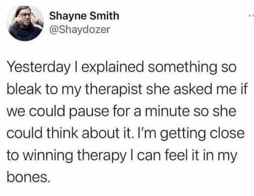 Tweet about explaining something so bleak a therapist needed a minute to think.