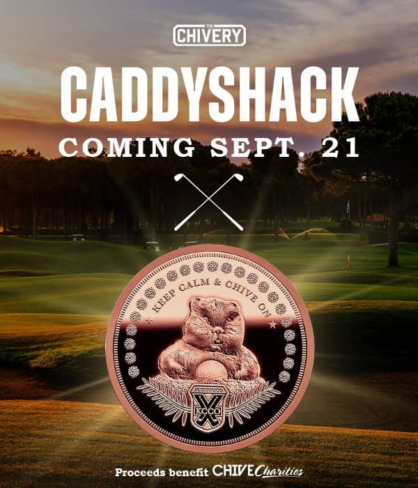 Promotional graphic for a Caddyshack themed coin over a golf course at sunset.