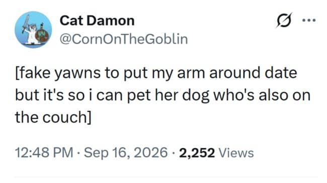 Tweet about a fake yawn on a date that's really about petting her dog.
