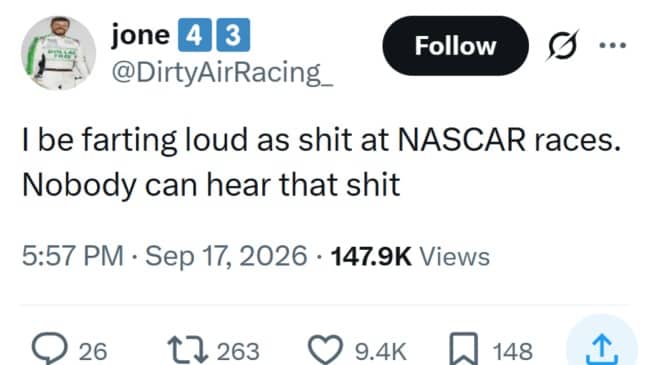 Crude tweet about passing gas loudly at NASCAR races, where nobody can hear it.