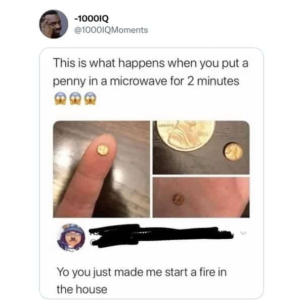Tweet showing a tiny shrunken penny, with a reply saying it started a house fire.