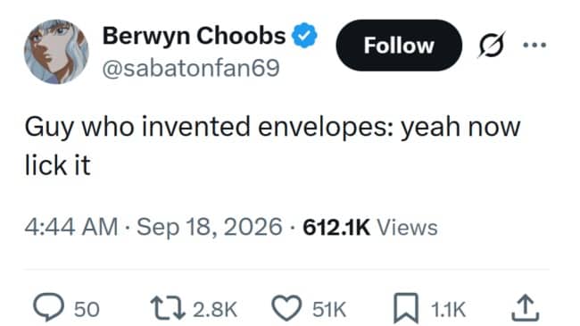 Tweet imagining the envelope inventor telling everyone to now lick it.