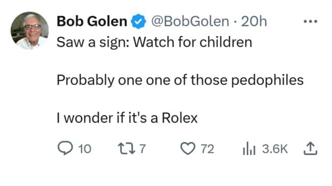 Tweet with a dark wordplay joke about a watch for children road sign.