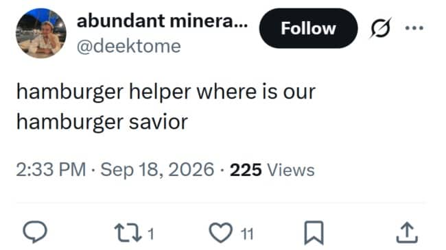 Tweet asking Hamburger Helper where exactly the hamburger savior is hiding these days.