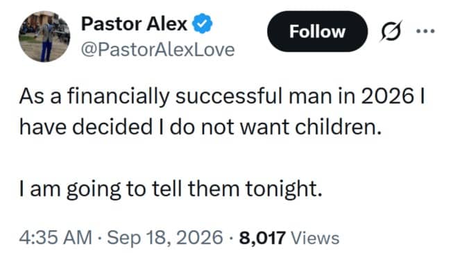 Tweet from a financially successful man deciding against children, and planning to tell them tonight.
