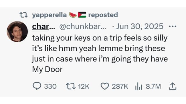 Tweet pointing out that bringing house keys on a trip makes no sense.