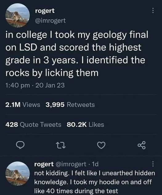 Tweet claiming a college geology final went great on LSD, identifying rocks by licking them.