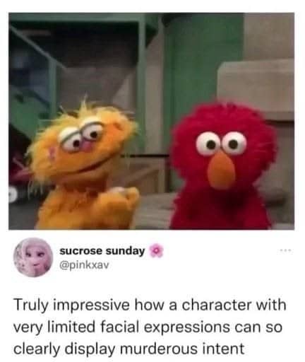 Elmo and Zoe from Sesame Street with a tweet about Elmo's murderous intent