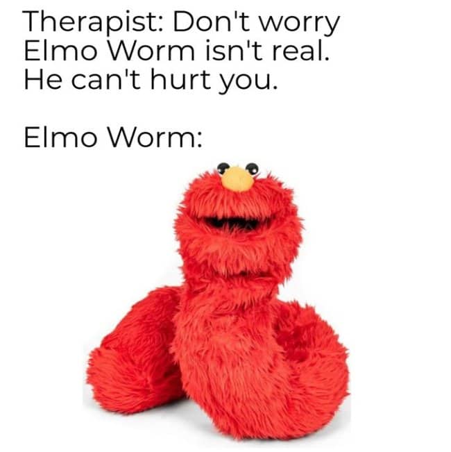 Elmo plush stretched into a long worm shape in a therapist Elmo Worm meme
