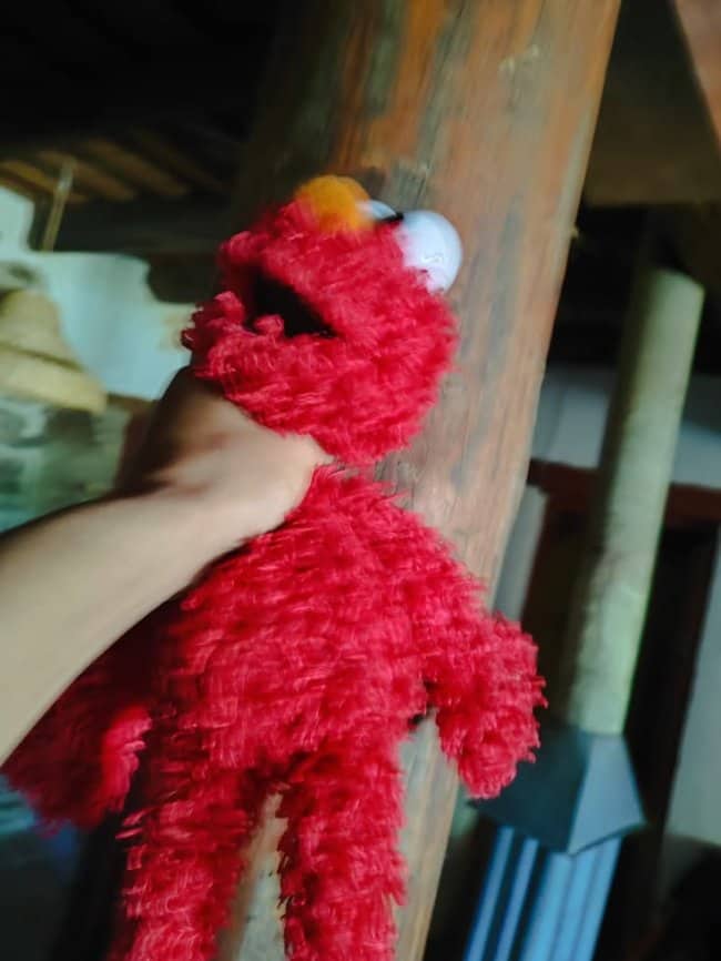 Hand holding a shaggy Elmo doll up against a wooden post in a dim barn