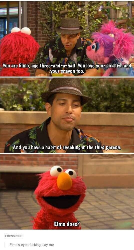 Sesame Street scene where Elmo looks shocked after a guest says he speaks in third person