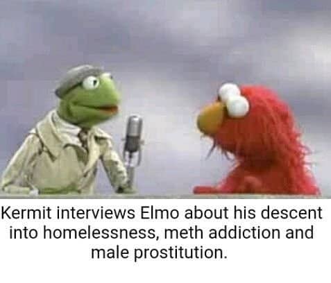 Kermit the Frog interviewing Elmo with a microphone above a dark fake news caption