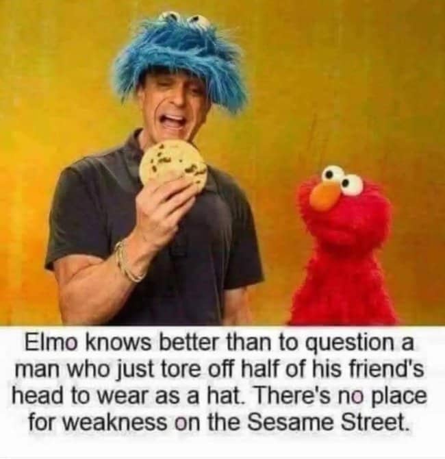 Man wearing a Cookie Monster hat eating a cookie beside a nervous looking Elmo