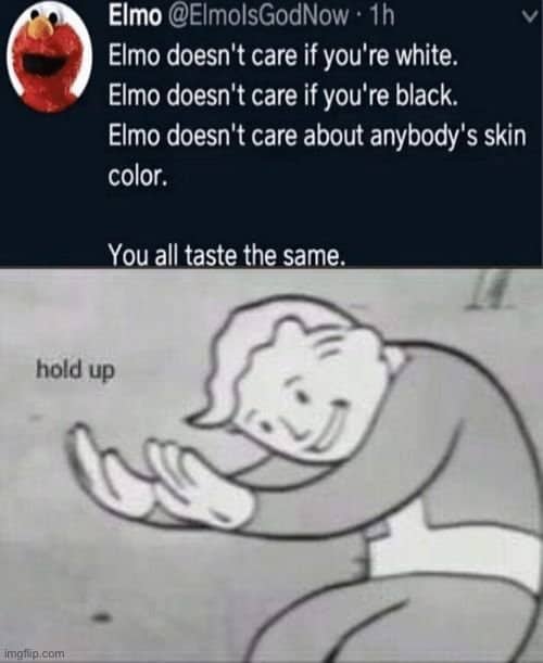 Fake Elmo tweet with a dark cannibal punchline paired with the Vault Boy hold up meme