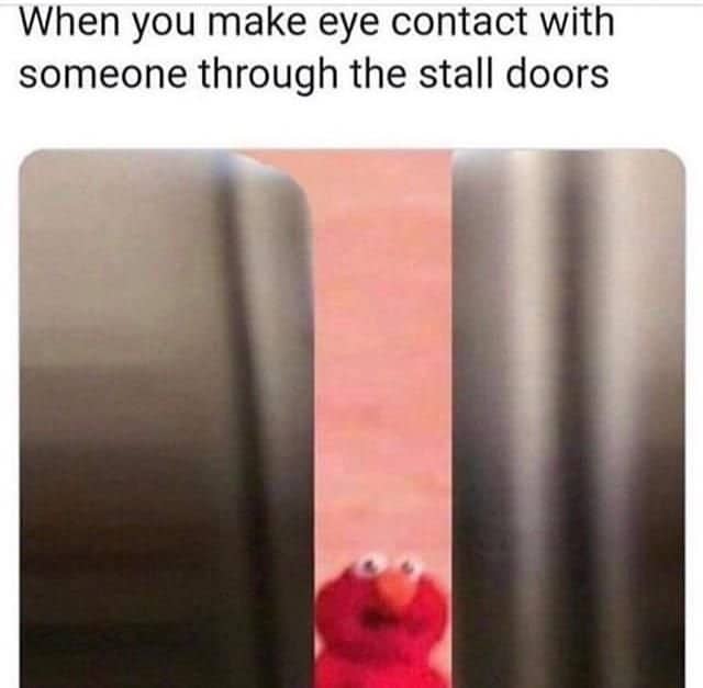 Elmo peeking through the narrow gap between bathroom stall doors in an eye contact meme