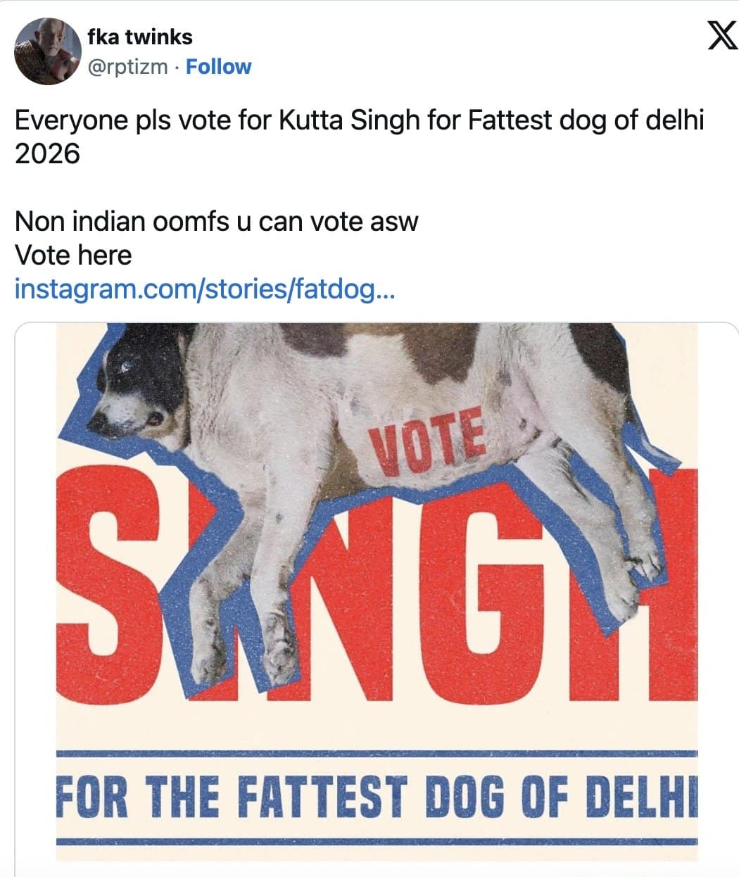 Vintage-style election poster of Kutta Singh with VOTE printed on her belly for fattest dog.