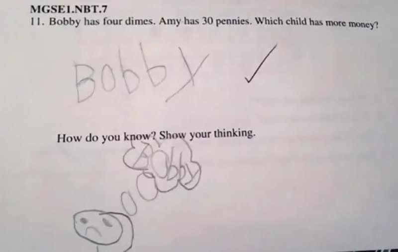 Dimes and pennies math question with a sad doodle, among these funny homework answers.