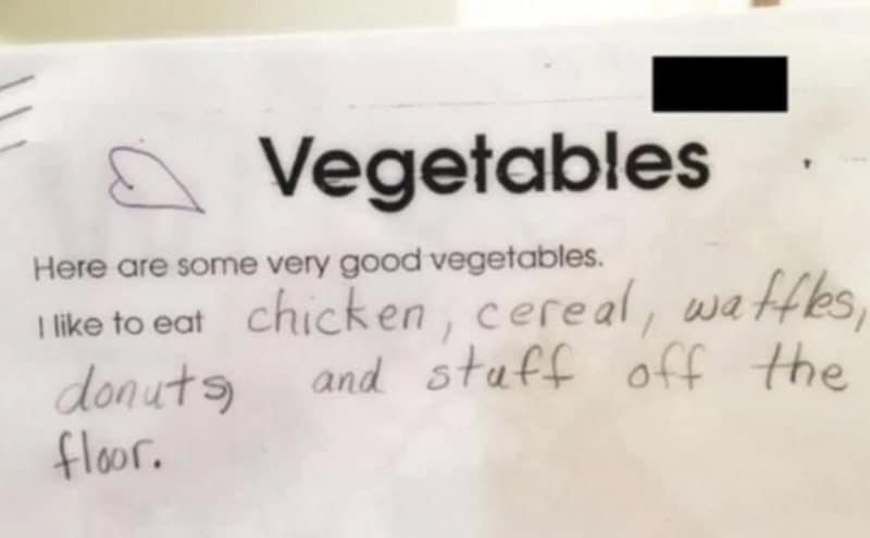 Funny homework answers on vegetables: chicken, cereal, waffles, donuts and stuff off the floor.
