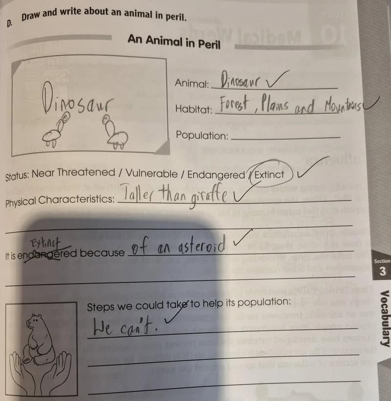 Animal in peril worksheet about dinosaurs, extinct because of an asteroid, steps: we can't.