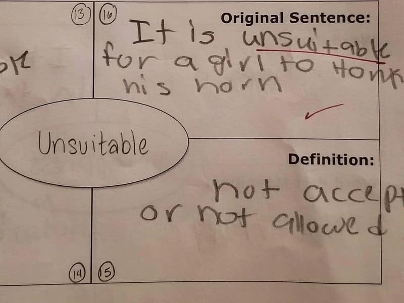 Vocabulary sheet sentence saying it is unsuitable for a girl to honk his horn.