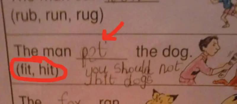 Kid refuses to write hit the dog, adding you should not hit dogs.