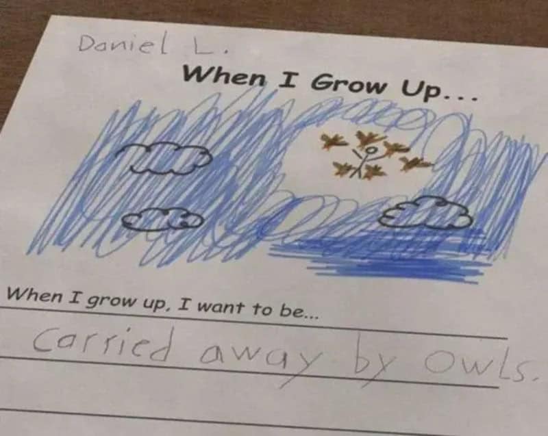 When I grow up worksheet answered with carried away by owls, plus a drawing.