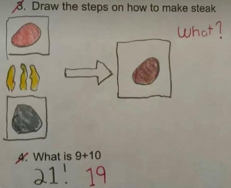 Kid's drawing of how to make steak, plus nine plus ten answered as 21.