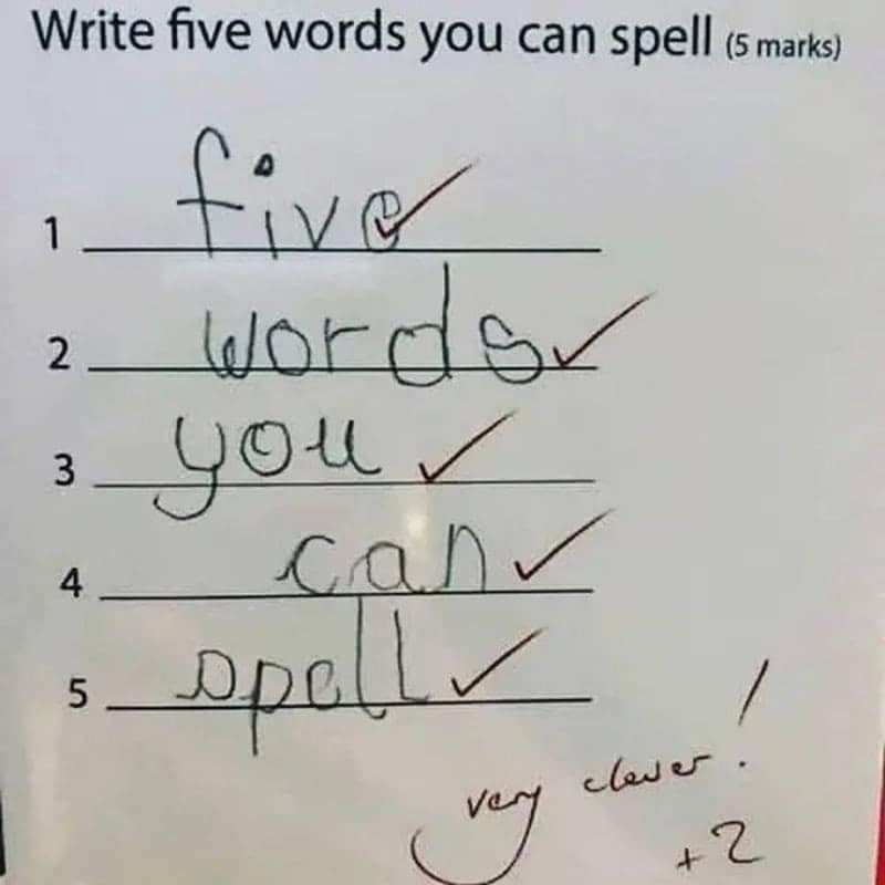 Among the funny homework answers, a kid literally writes five words you can spell.