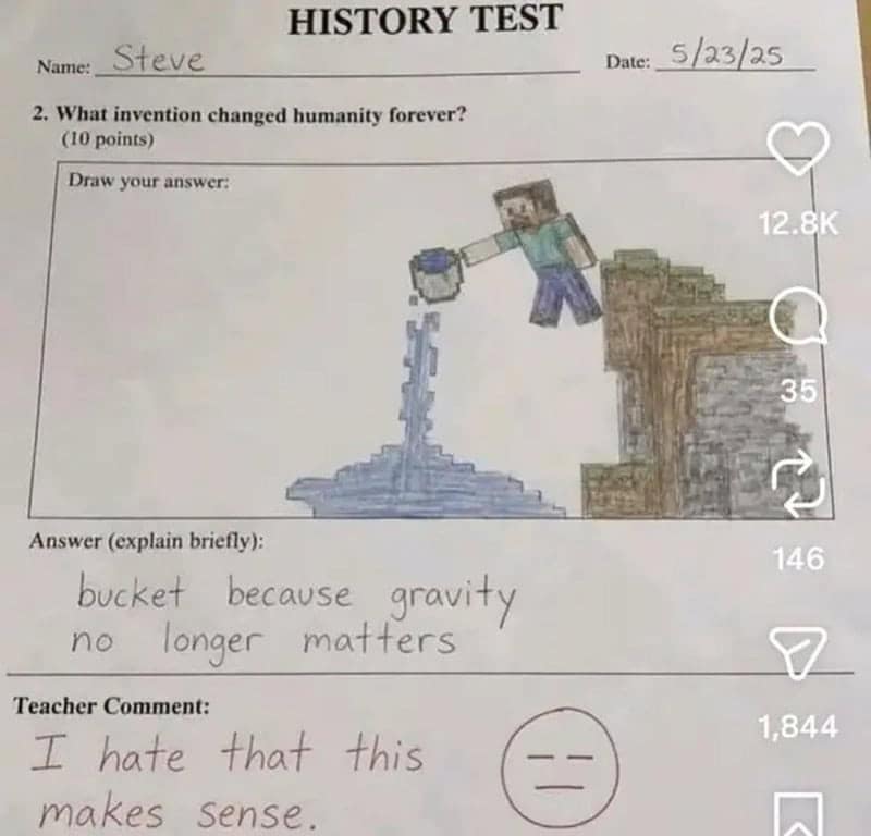 History test drawing of Minecraft Steve with a water bucket as humanity's greatest invention.