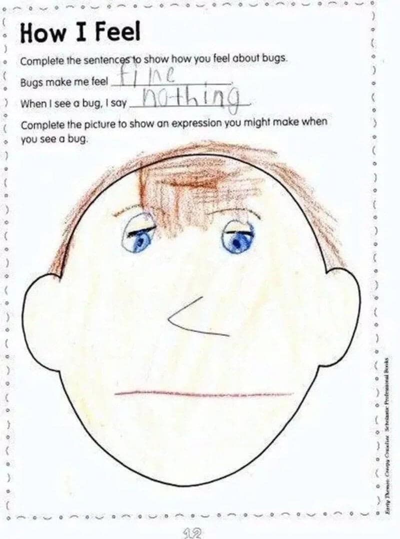 Bugs worksheet answered fine and nothing, with a totally blank face drawn below.