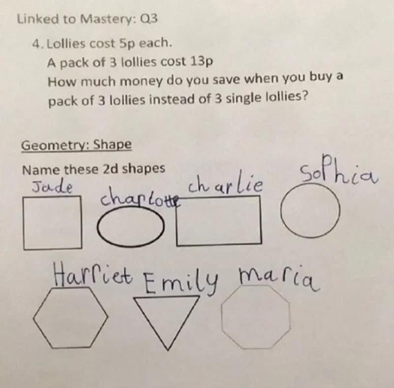 Worksheet where a kid names 2D shapes Jade, Charlotte, Charlie, Sophia, Harriet, Emily and Maria.