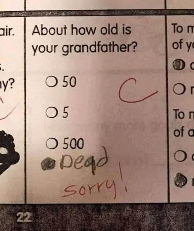 Funny homework answers at their bleakest: a child marks grandfather's age as dead.