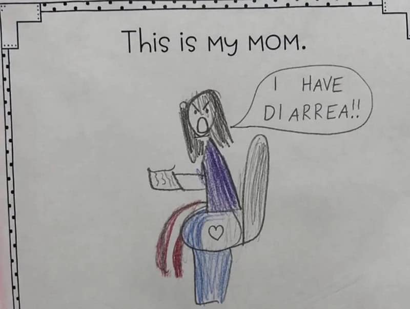 Drawing of a mom on the toilet shouting that she has diarrhea.