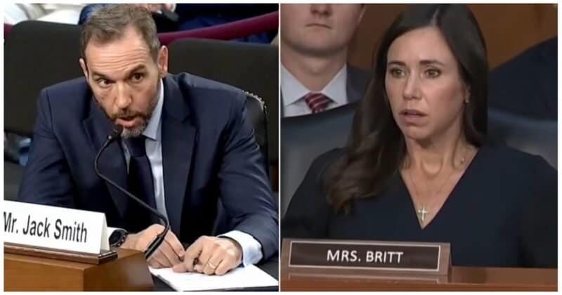 Katie Britt meme split screen pairing Jack Smith mid-answer with her wide-eyed stare.