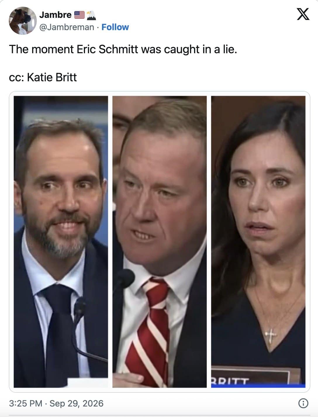 Triptych of Smith smiling, Schmitt mid-question and Britt stunned, a three-panel Katie Britt meme.