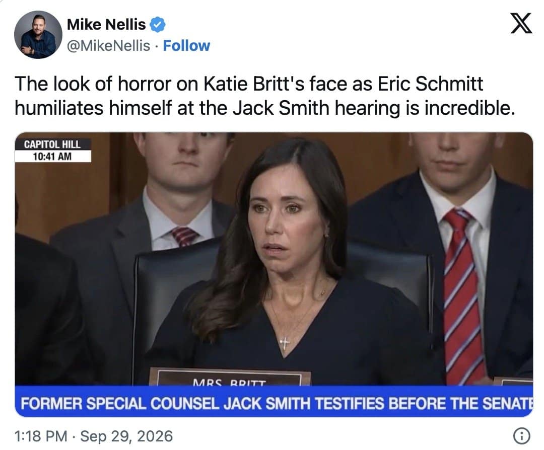 Mike Nellis tweet calling Britt's look of horror during the Jack Smith hearing incredible.