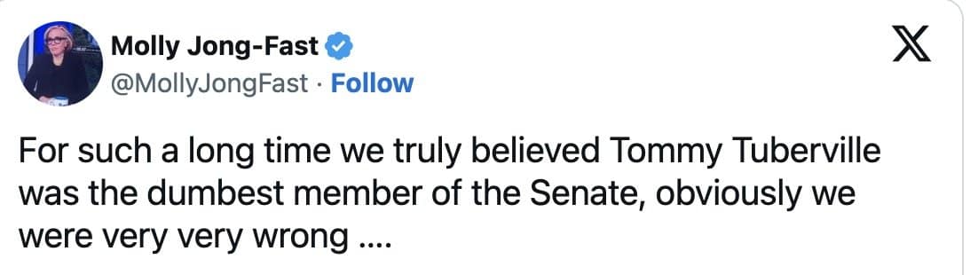 Molly Jong-Fast tweet reacting to the hearing as the Katie Britt meme took off.