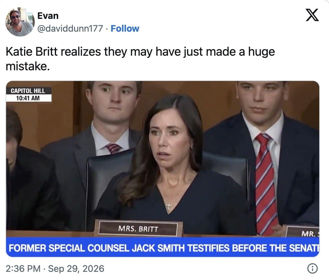 Katie Britt meme captioned as the moment she realizes they may have made a mistake.