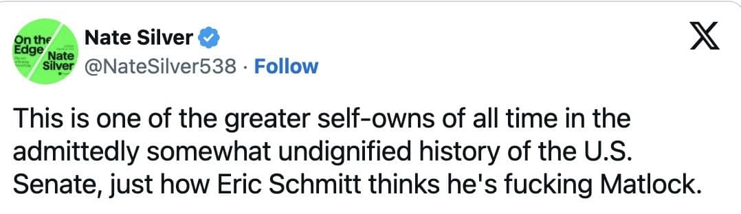 Nate Silver tweet calling the Hawks mix-up one of the Senate's greatest self-owns.
