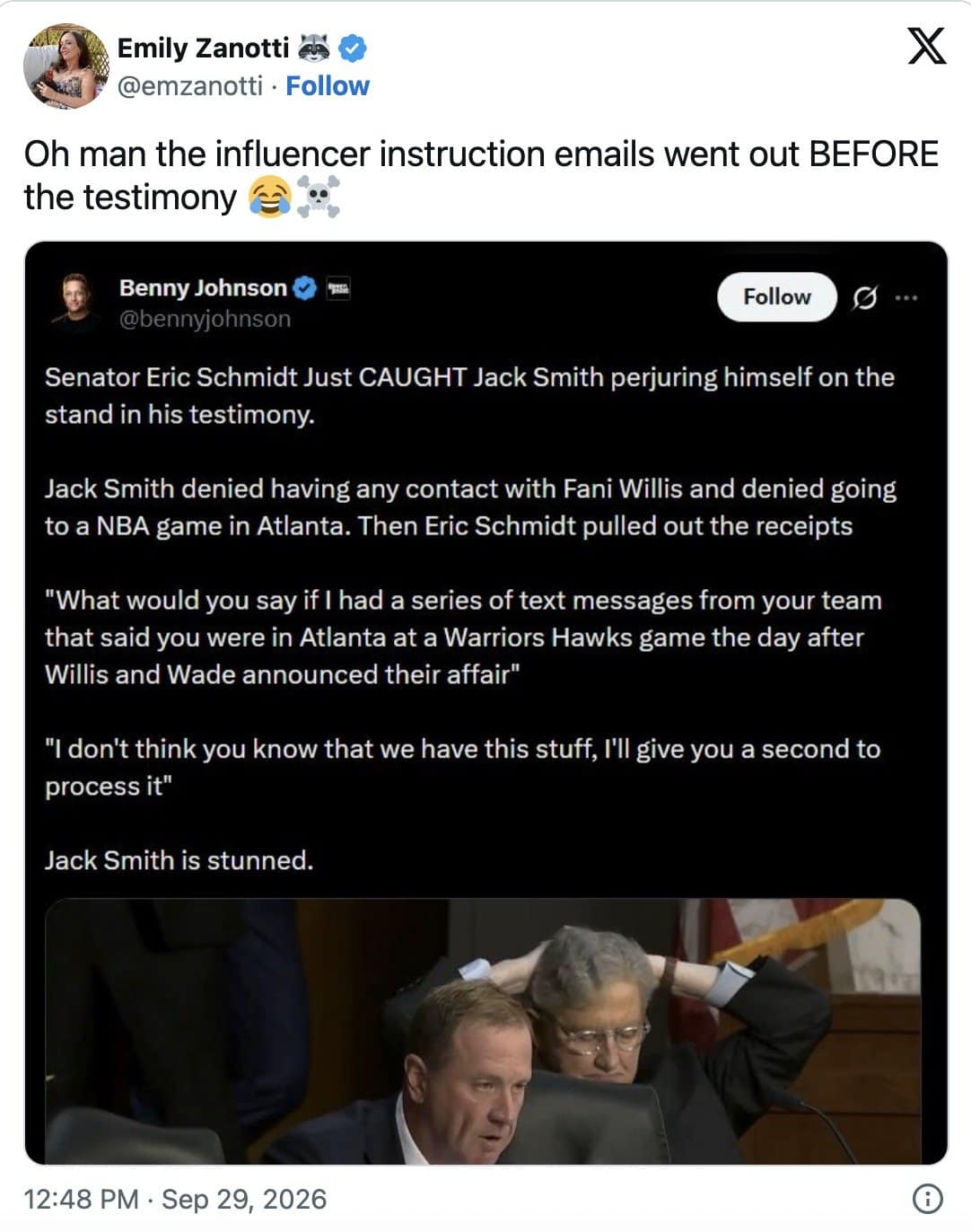 Emily Zanotti quote tweet mocking an early post that claimed Schmitt caught Smith lying.