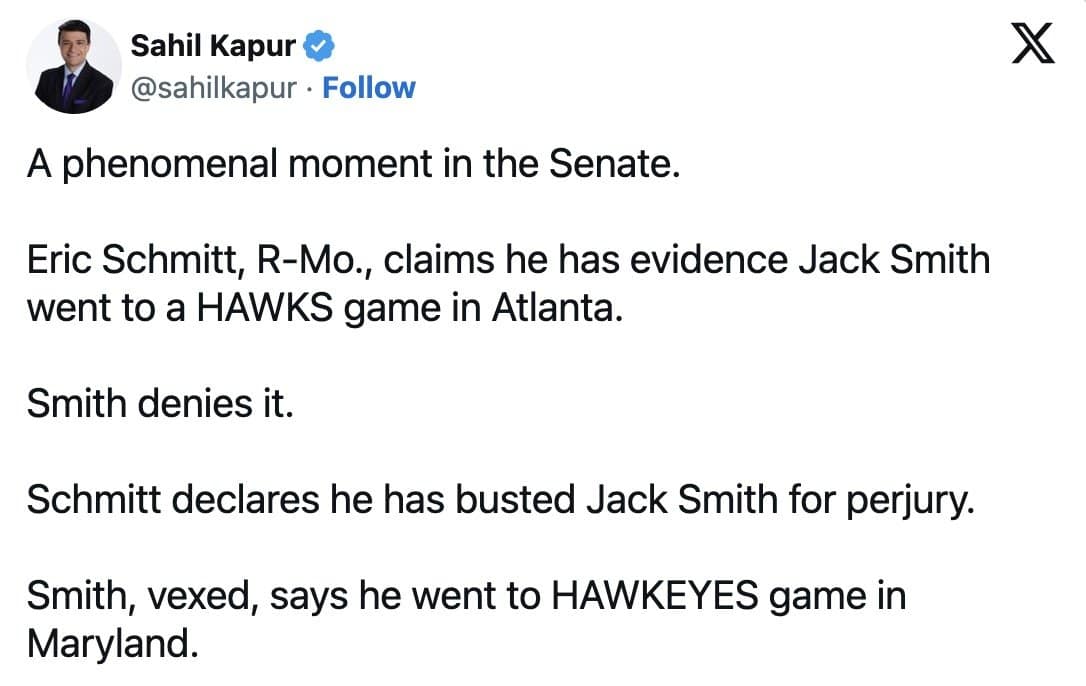 Sahil Kapur tweet recapping Schmitt's Hawks claim and Smith's Hawkeyes game in Maryland.