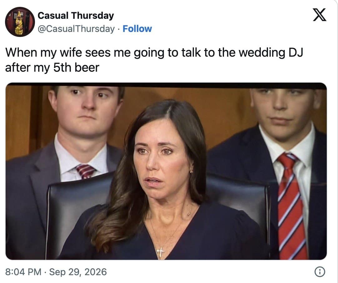Katie Britt meme recast as a wife watching her tipsy husband approach the wedding DJ.