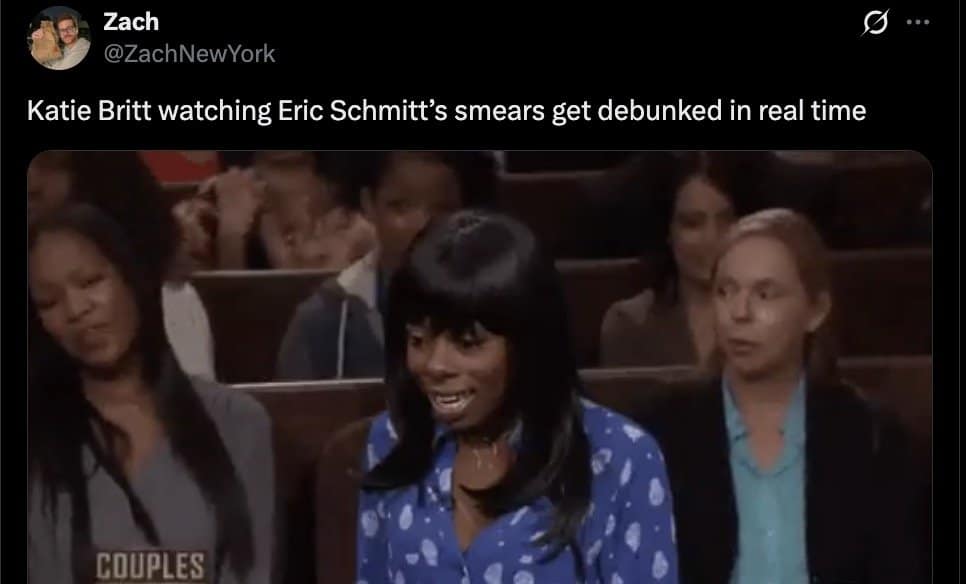 Courtroom audience member laughing in disbelief, used as Britt watching the claims fall apart.